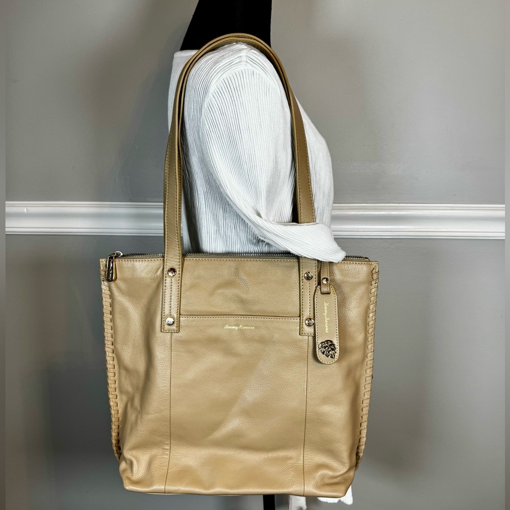 Tommy Bahama Tan Whipstitch Leather Shoulder Tote Bag